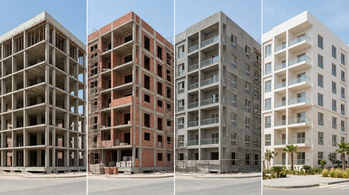 صورة تعبيرية: عمارة سكنية في أربع مراحل إنشاء متتابعة من الهيكل الخرساني حتى التسليم